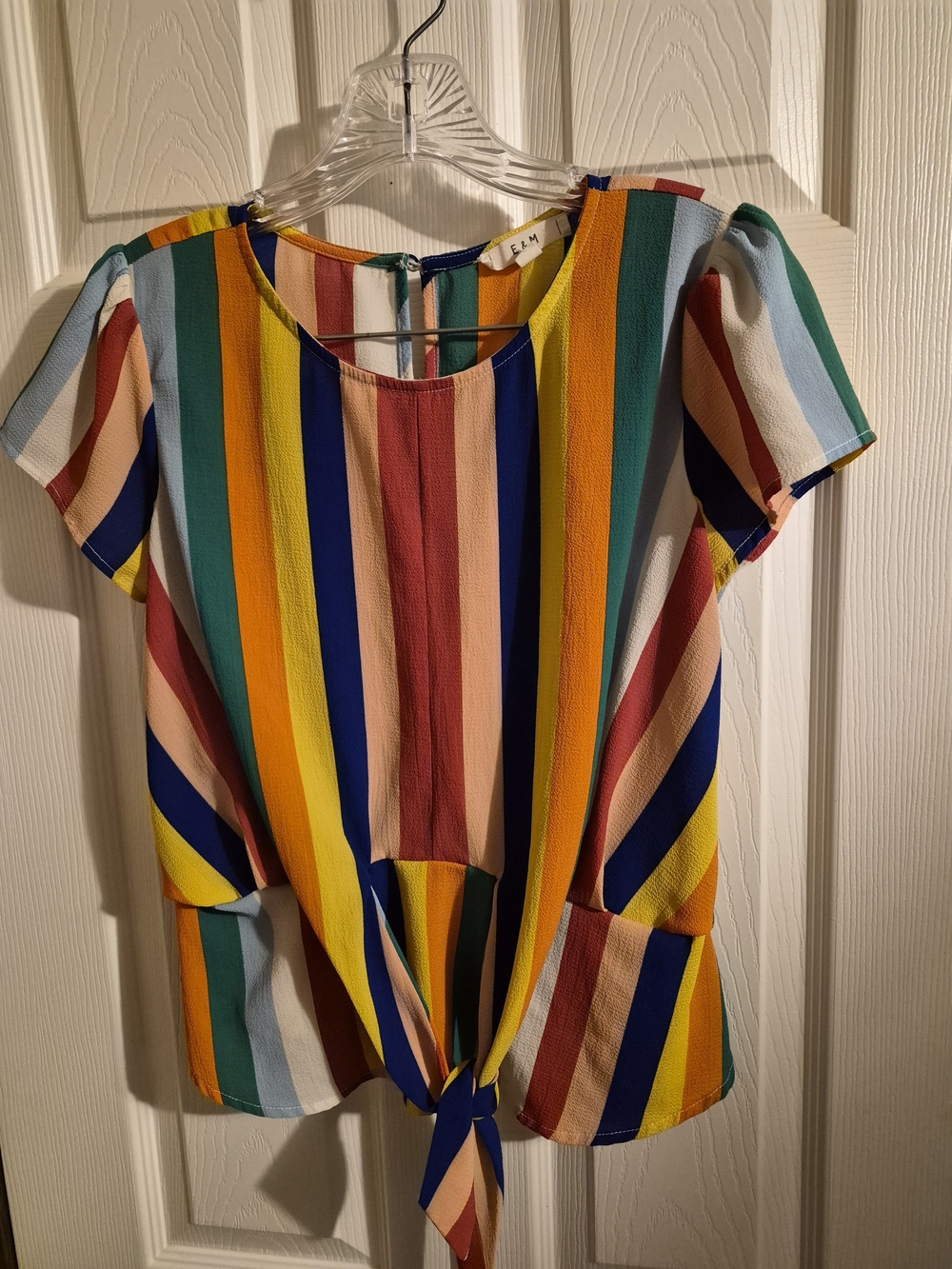 Tie-Front Multi-Stripe Short Sleeve Blouse - EAM